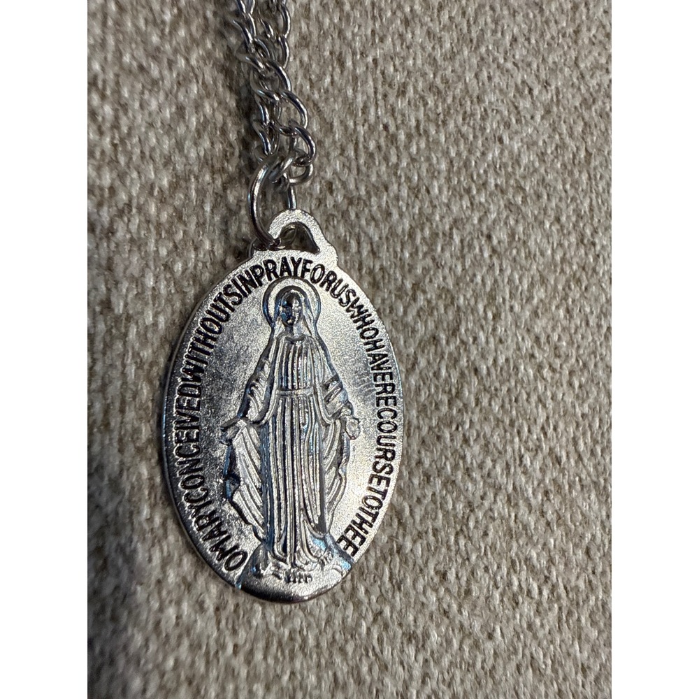 Vintage Miraculous Medal Necklace Silver Tone Virgin Mary English 24" Pendant